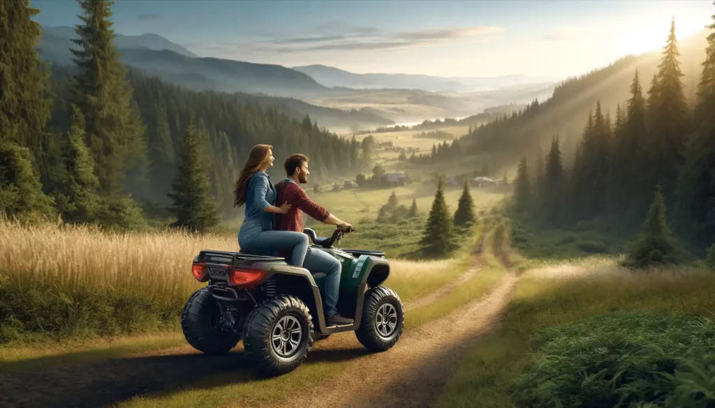 couple en randonnée sur un quad électrique devant la nature sur le couché du soleil