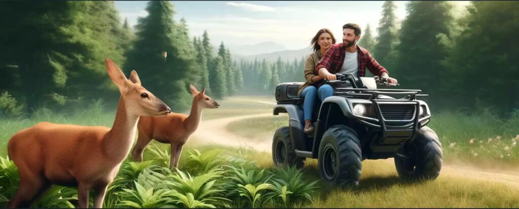 couple sur un quad électrique en pleine nature avec deux biches qui les regardent passer