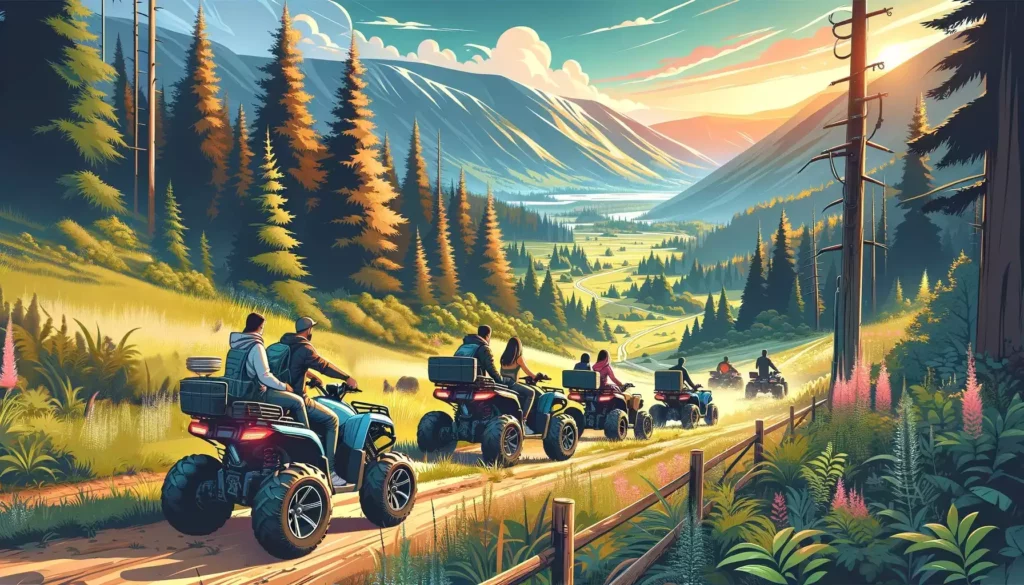 groupe en randonnée dans la nature sur des quads électriques