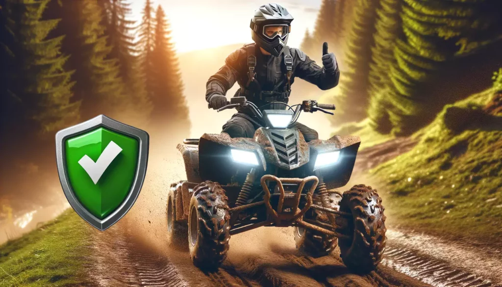 un hmme qui conduit un quad en foret et qui lève le pouce en signe de bonne conduite