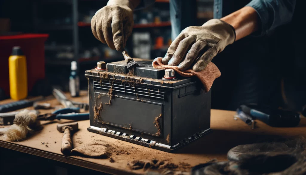Gros plan d'une batterie de véhicule sale sur un établi avec les mains de quelqu'un qui la nettoie.