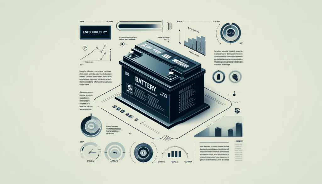 Image d'une batterie de quad électrique sur fond clair avec ses caractéristiques affichées à côté